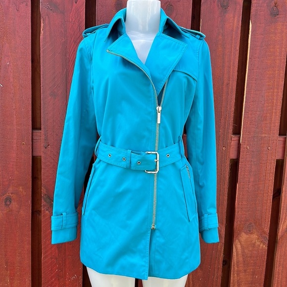 Michael Kors Blue Full Zip Belt Long Sleeve Trench Coat Size S - Picture 1 of 13